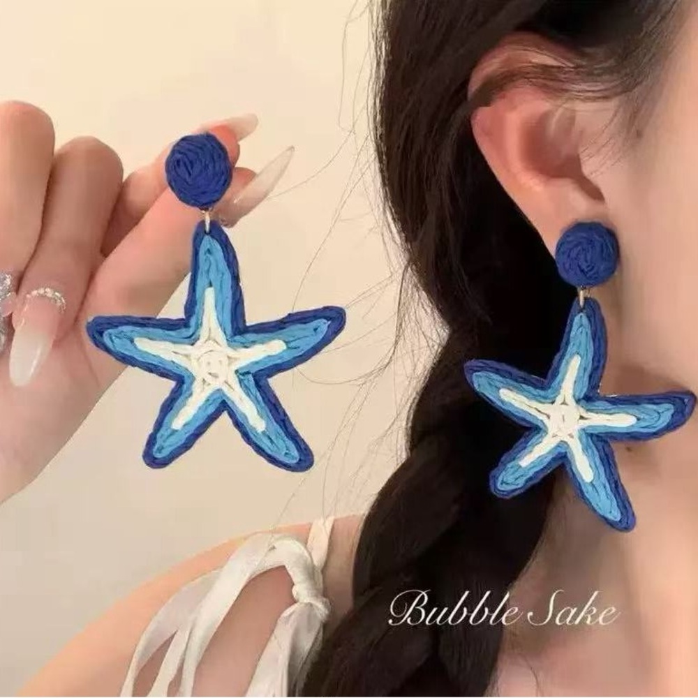 Handmade Blue Starfish Statement Earrings | Woven Fiber Art